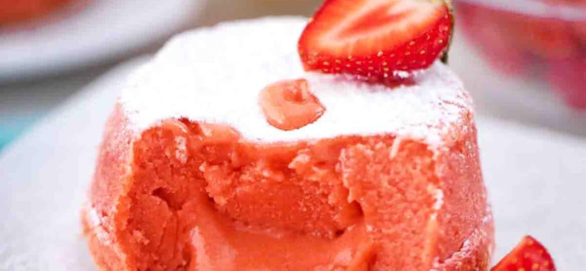 close shot of strawberry lava cake gooey center
