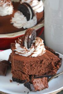 Silky smooth and creamy this No Bake Chocolate Pie is rich and delicious, full of chocolate flavor in a no bake Oreo crust.