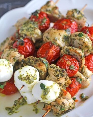 5 Ingredients only, Pesto Chicken Kebabs can be easily made in 30 minutes in your oven or grill for a delicious and healthy dinner.