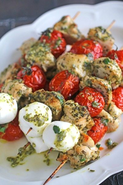 5 Ingredients only, Pesto Chicken Kebabs can be easily made in 30 minutes in your oven or grill for a delicious and healthy dinner.