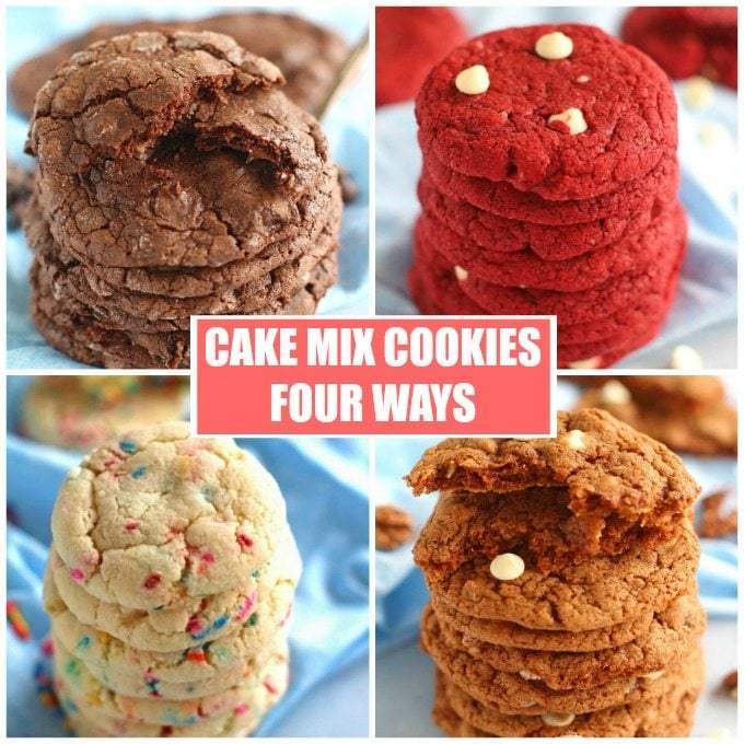 Cake Mix Cookies are the perfect way to make homemade, bakery style cookies. Red Velvet Cookies, Carrot Cake Cookies, Funfetti Cookies and Thin Mints Brownie Cookies, all made with cake mixes.