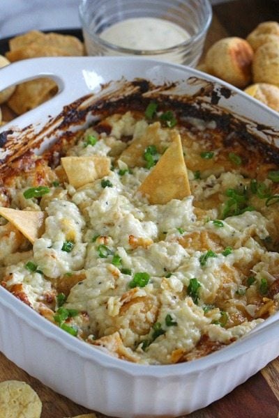 Chicken Caesar Dip made with shredded rotisserie chicken is the ultimate dip! Naturally gluten free and very easy to make!