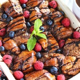 Chocolate French Toast Casserole made with Challah bread that was soaked overnight in a chocolaty mixture.