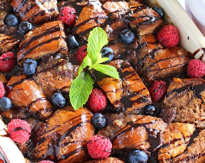 Chocolate French Toast Casserole made with Challah bread that was soaked overnight in a chocolaty mixture.