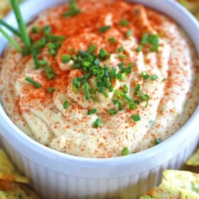 Deviled Eggs Dip made entirely in the food processor. Paprika and chives are great, tasty additions. An easy to make appetizer for a big crowd.