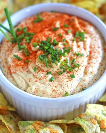 Deviled Eggs Dip made entirely in the food processor. Paprika and chives are great, tasty additions. An easy to make appetizer for a big crowd.