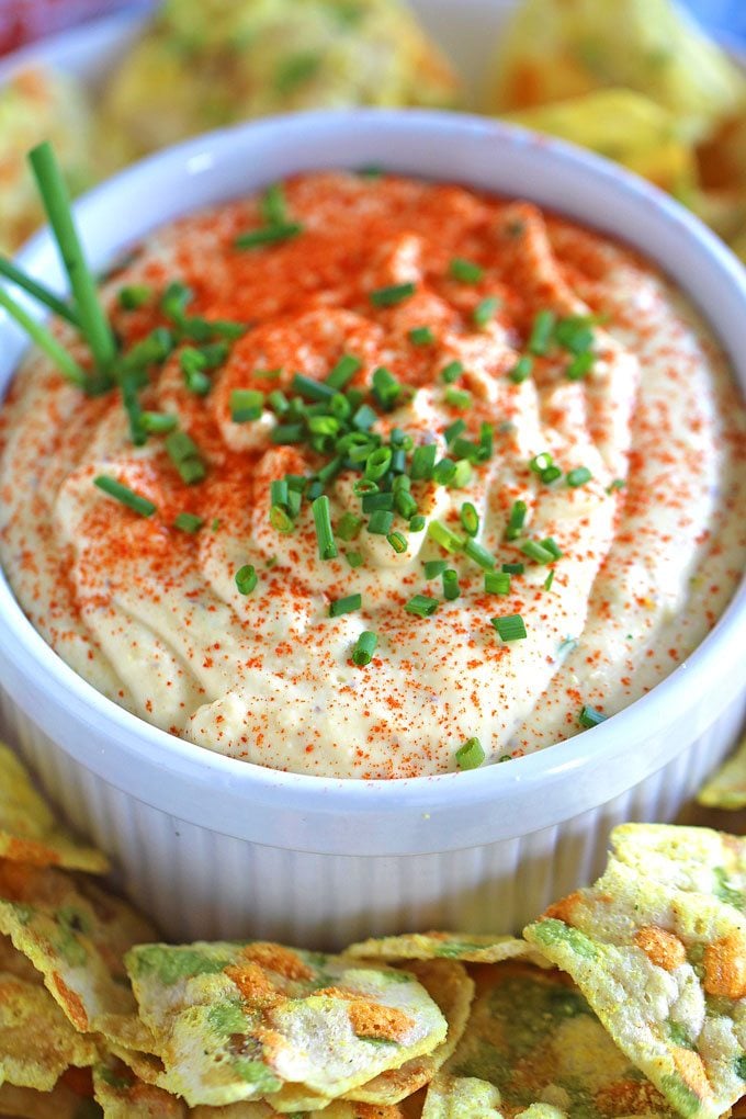 Deviled Eggs Dip made entirely in the food processor. Paprika and chives are great, tasty additions. An easy to make appetizer for a big crowd.