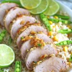 Maple Syrup Lime Pork served with sweet corn and snap peas basmati rice.