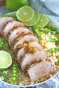 Maple Syrup Lime Pork served with sweet corn and snap peas basmati rice.