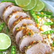 Maple Syrup Lime Pork served with sweet corn and snap peas basmati rice.