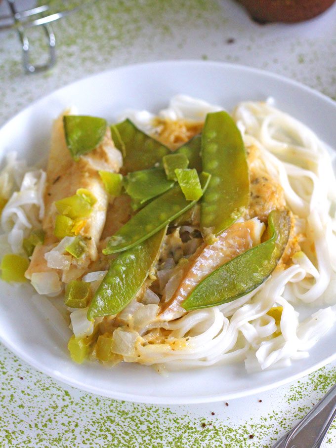 Matcha Cookie Cups serve with Saffron Frozen Entrees of fish and rice noodles.