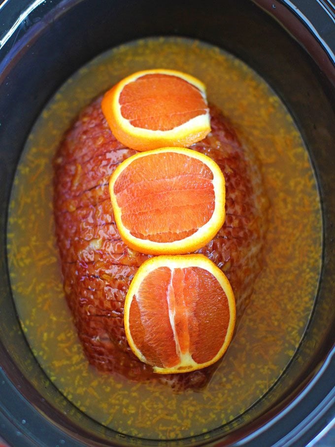 Image of slow cooker brown sugar ha with orange zest. 