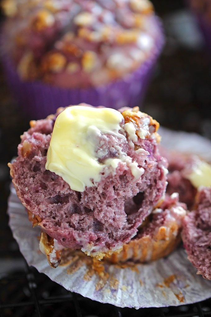 Toasted walnuts Ube Muffins are great served warm with butter.
