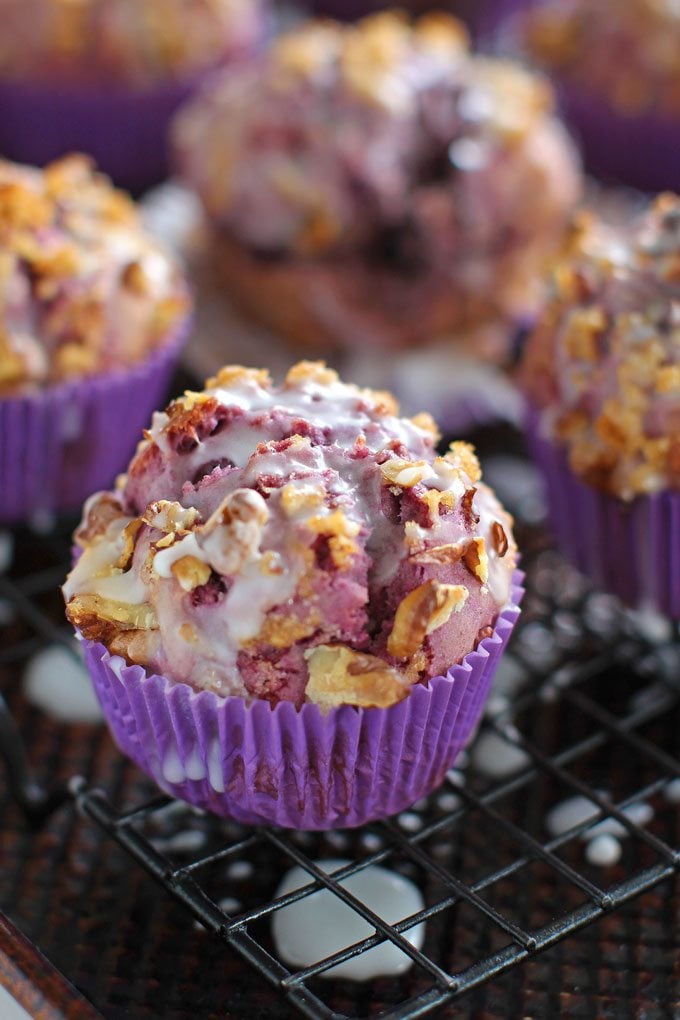 Ube Muffins with toasted walnuts, brown sugar and vanilla glaze.