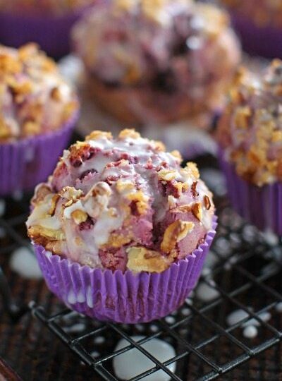 Ube Muffins with toasted walnuts, brown sugar and vanilla glaze.