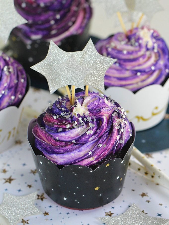 Galaxy Cupcakes with swirled frosting and edible stars