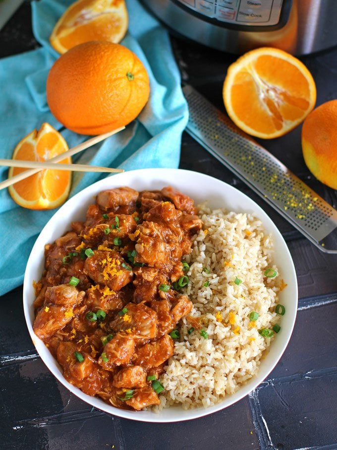 instant pot orange chicken served with brown rice