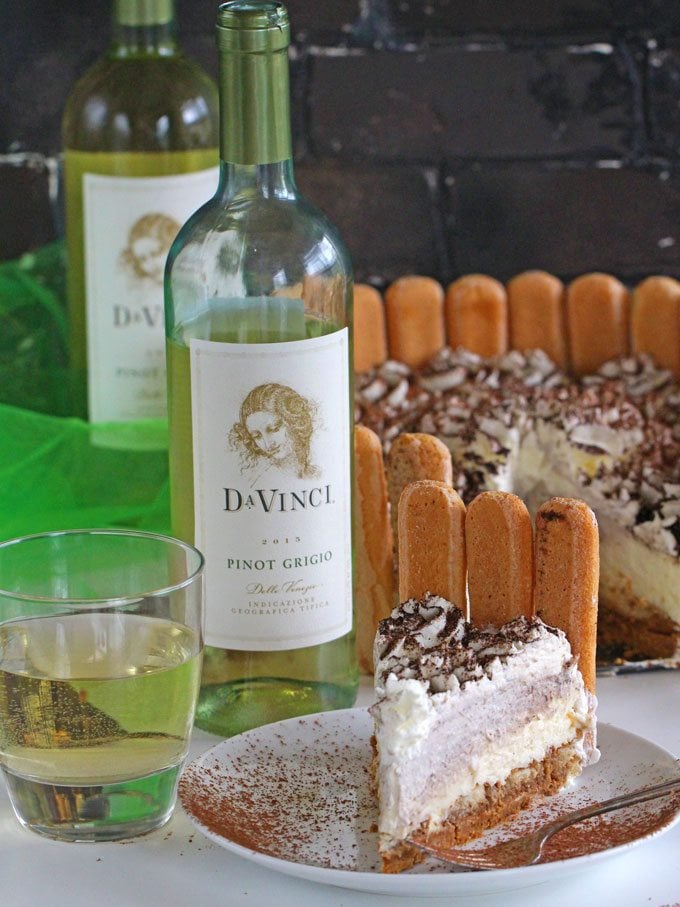 No Bake Tiramisu Cheesecake sliced and served with DaVinci Pinot Grigio.
