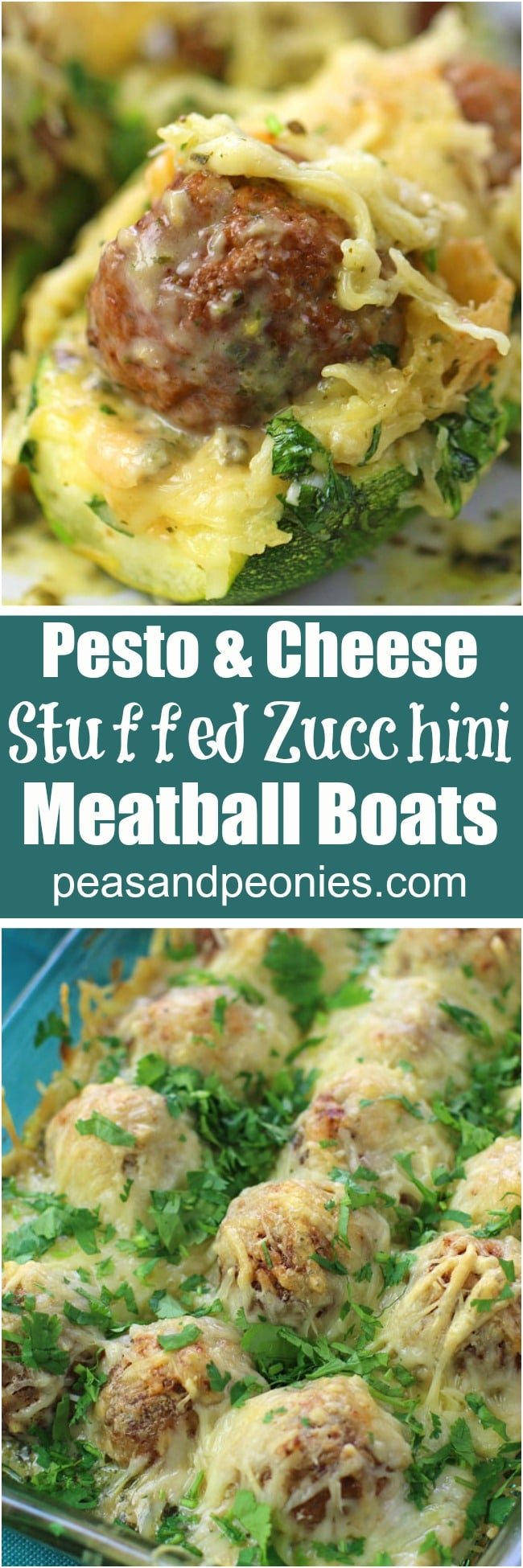 Meatball Zucchini Boats are stuffed with pesto, juicy meatballs and topped with Alfredo sauce and lots of cheese, for a quick and delicious dinner or easy appetizer.