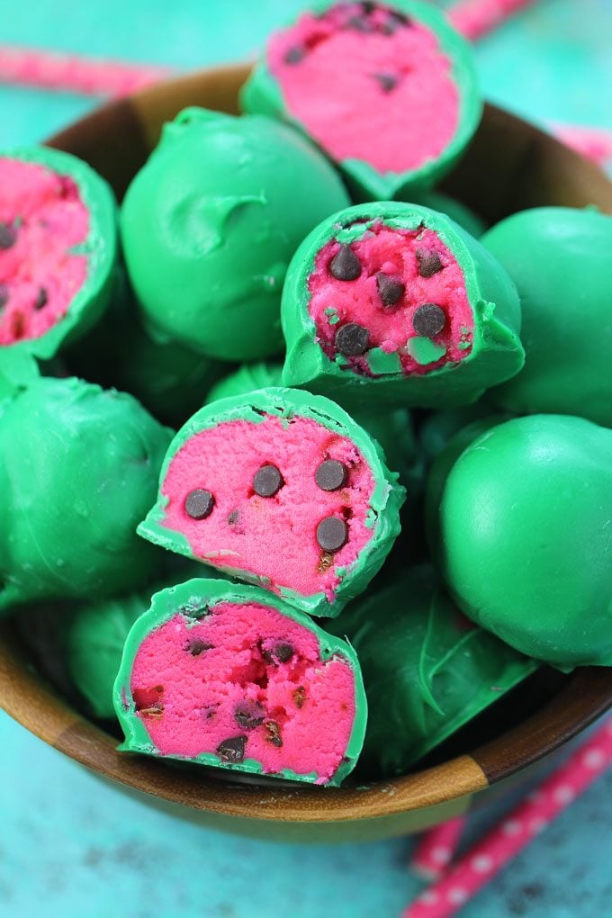 green coated Watermelon Truffles with chocolate chips