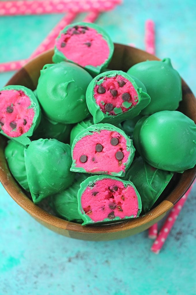 Watermelon Truffles with pink interior and chocolate chips