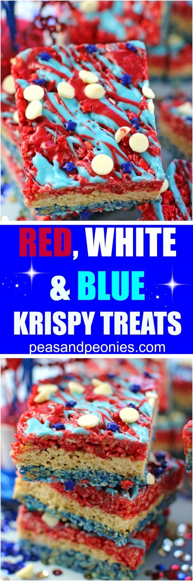 Red White and Blue Rice Krispy Treats are fluffy, sweet and very easy to make. Colored in red, white and blue to look extra festive and fun.