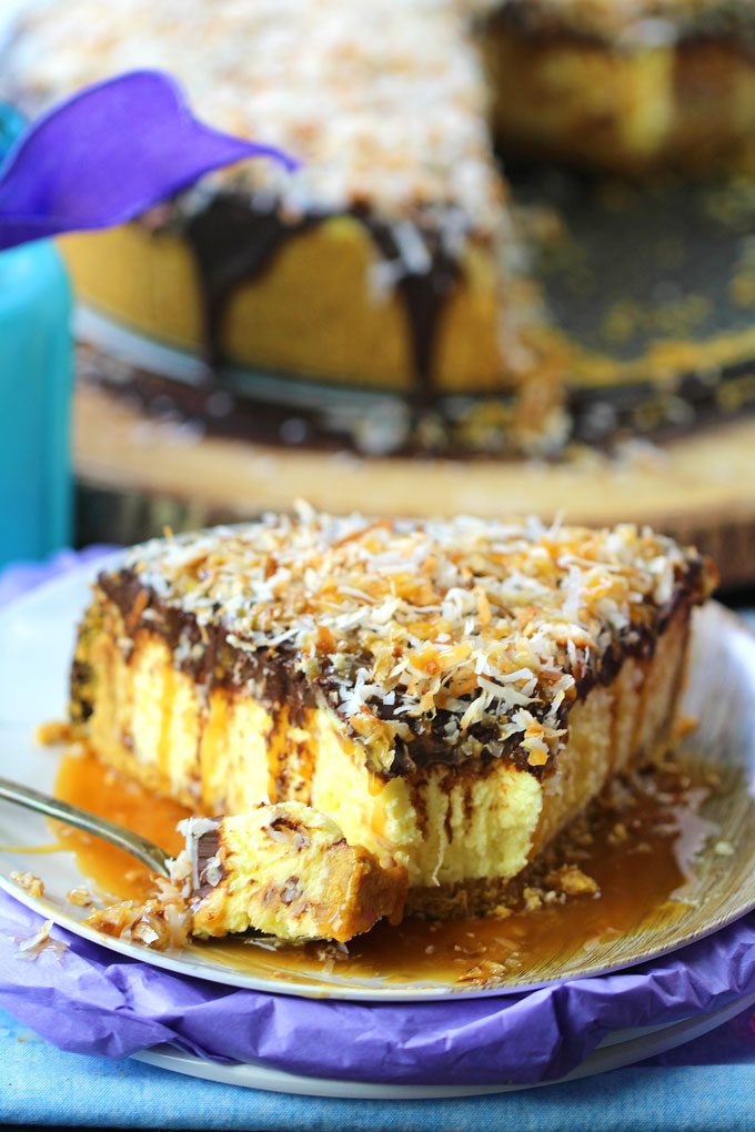 No Bake Samoa Cheesecake is so creamy and indulgent. Topped with chocolate ganache, lots of toasted coconut and finished with caramel sauce.