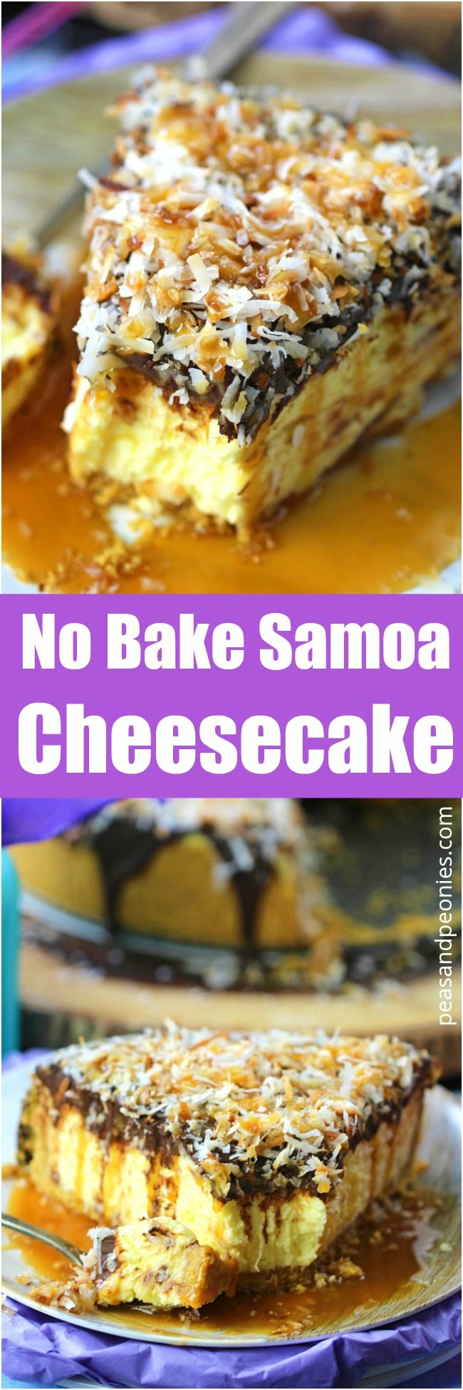 The best and creamiest No Bake Samoa Cheesecake is indulgent and delicious. Topped with chocolate ganache, lots of toasted coconut and finished with caramel sauce.