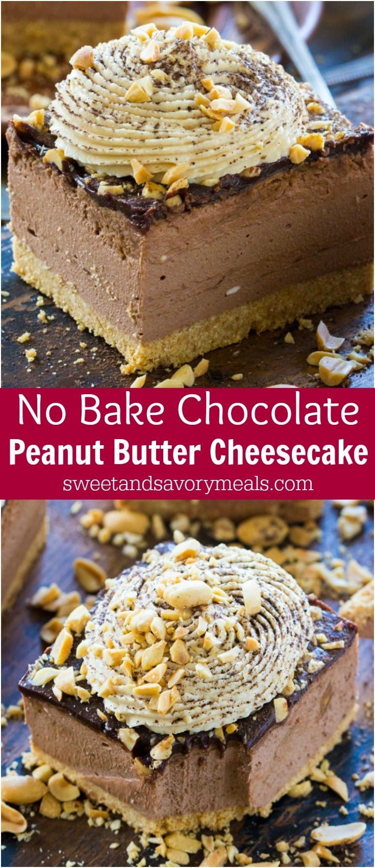 Chocolate Peanut Butter Cheesecake with no cracks or cooking time, because this delicious cheesecake is no bake with a perfect creamy texture.