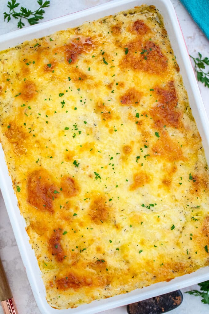 Bechamel potatoes in a casserole dish