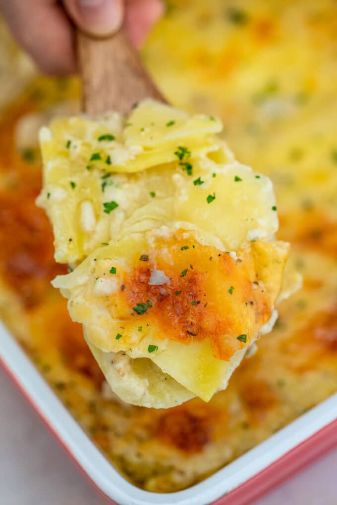 Potato with bechamel sauce on a wooden plate