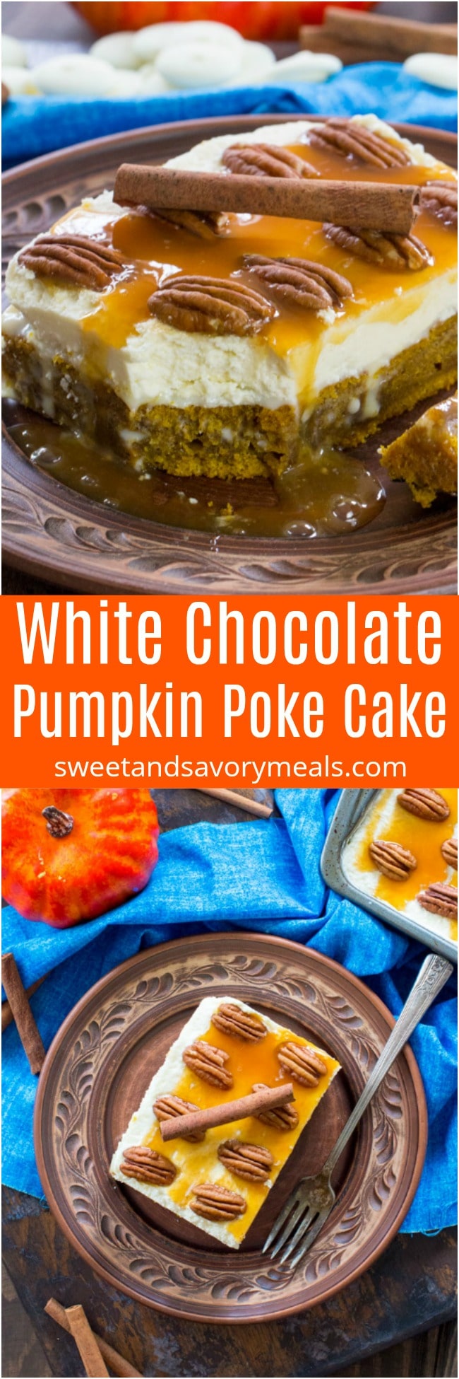 Pumpkin poke cake infused with a sweet white chocolate sauce, and topped with cream cheese frosting, caramel and crunchy pecans.