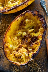 Brown Sugar Spaghetti Squash is baked to perfection and served topped with a buttery mixture of brown sugar, cinnamon and nutmeg.