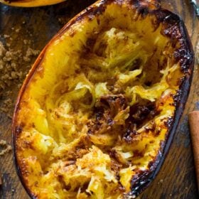 Brown Sugar Spaghetti Squash is baked to perfection and served topped with a buttery mixture of brown sugar, cinnamon and nutmeg.