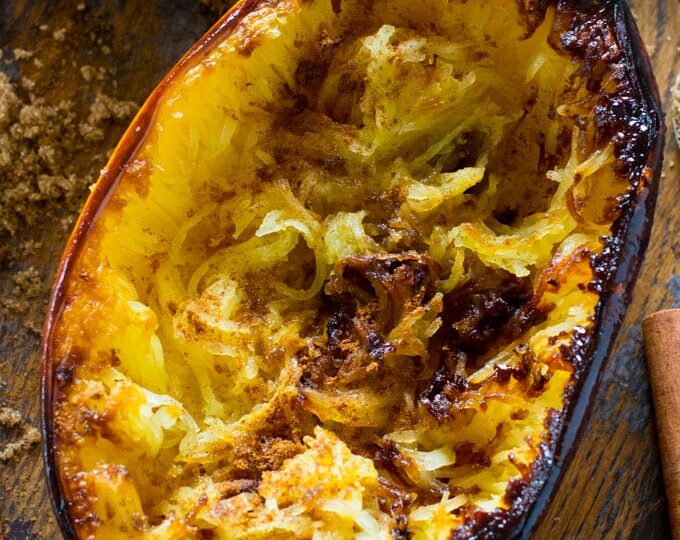 Brown Sugar Spaghetti Squash is baked to perfection and served topped with a buttery mixture of brown sugar, cinnamon and nutmeg.