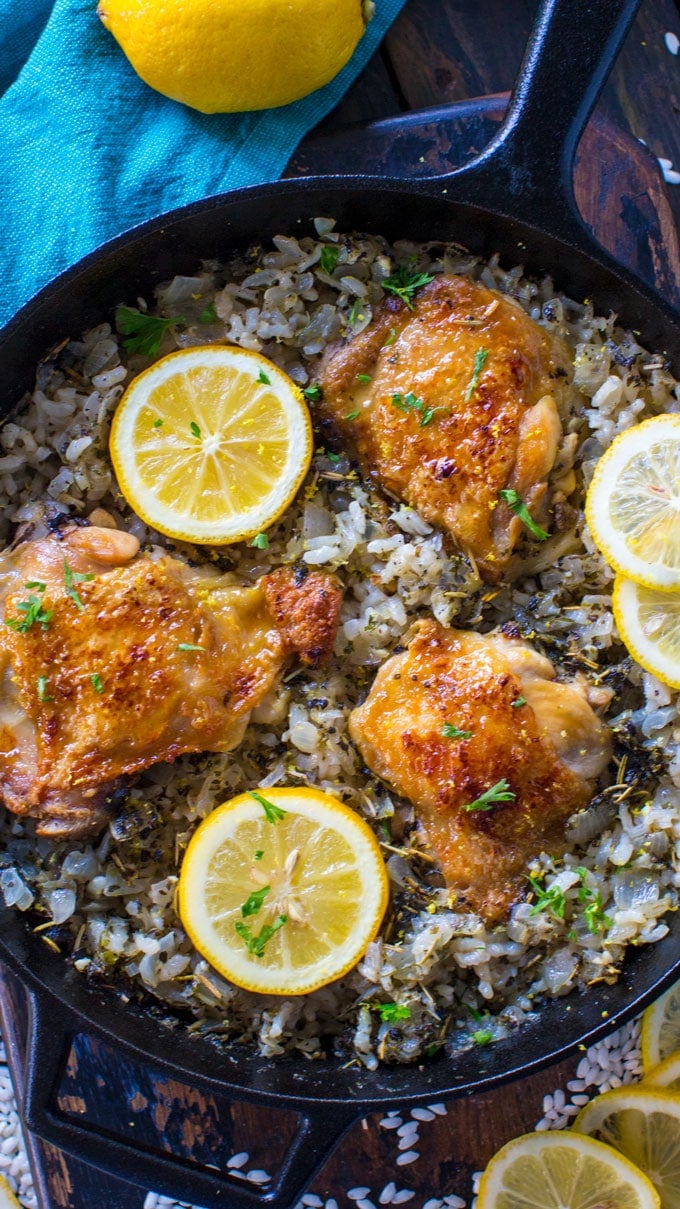 One Pan Italian Chicken and Rice made in a cast iron skillet