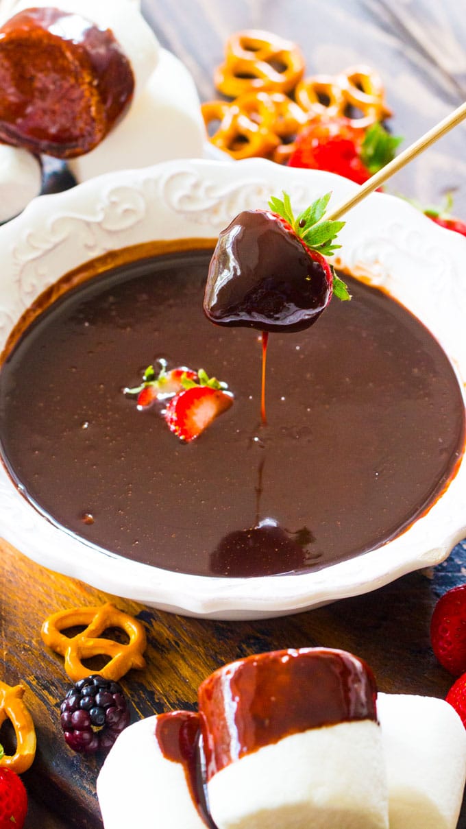 Slow Cooker Chocolate Fondue is rich, smooth and luxurious. Easy to make in the slow cooker and serve with your favorite dippers.