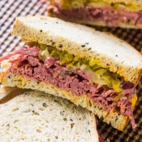 The real deal Corned Beef Sandwiches are the homemade take on the classic deli sandwiches of corned beef with toasted rye bread, sauerkraut and Russian dressing.