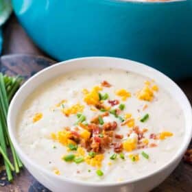 Panera Bread Baked Potato Soup Copycat is the famous chain's comforting soup made easy at home. Serve topped with bacon, chives, cheddar cheese and sour cream.