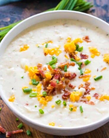 Panera Bread Baked Potato Soup Copycat is the famous chain's comforting soup made easy at home. Serve topped with bacon and crusty bread.