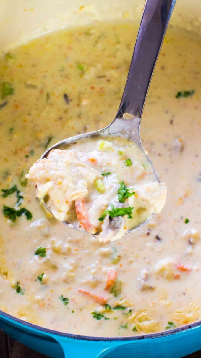 a pot of panera bread chicken wild rice soup.