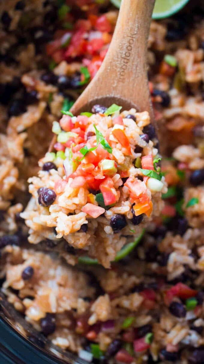 Easy Slow Cooker Rice and Beans is the perfect side dish or vegetarian meal you can make in the slow cooker with just a few ingredients.