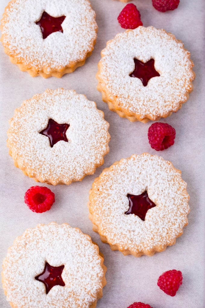 Overhead shot of raspberry Linzer cookies.