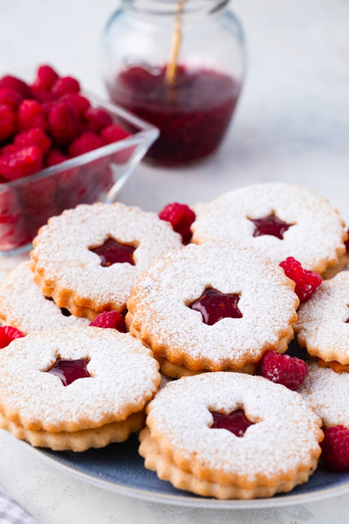 Homemade raspberry preserves Linzer cookies.