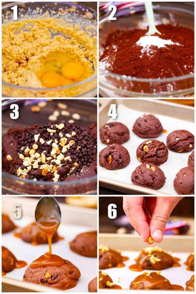 collage of six photos showing how to make snickers cookies