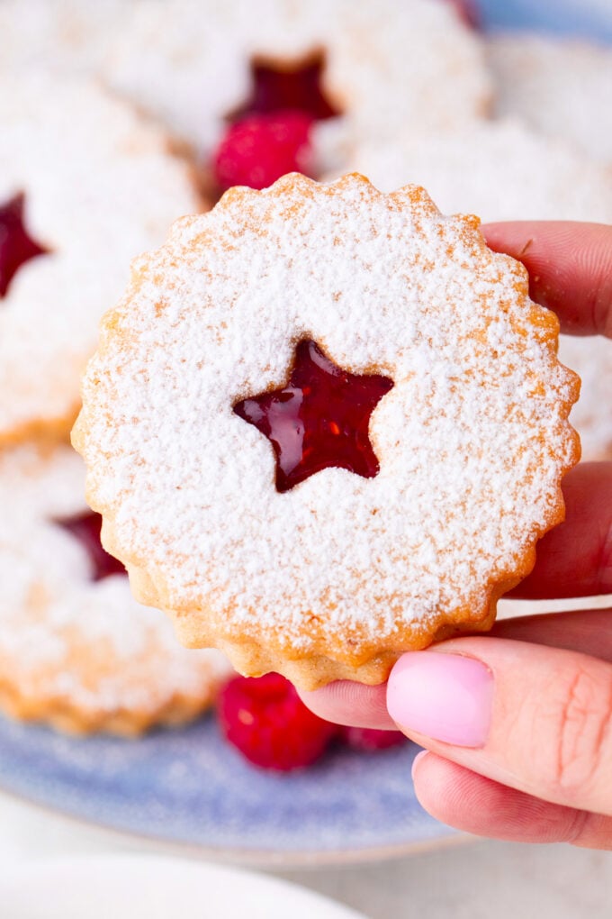 A hand holding a raspberry Linzer cookies.