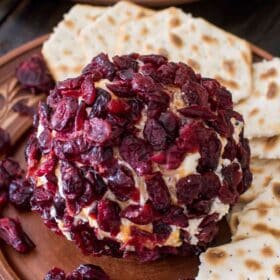 Cheese Ball made with creamy goat cheese, crispy bacon crumbs, fresh green onions, sharp cheddar cheese and covered in sweet dried cranberries.