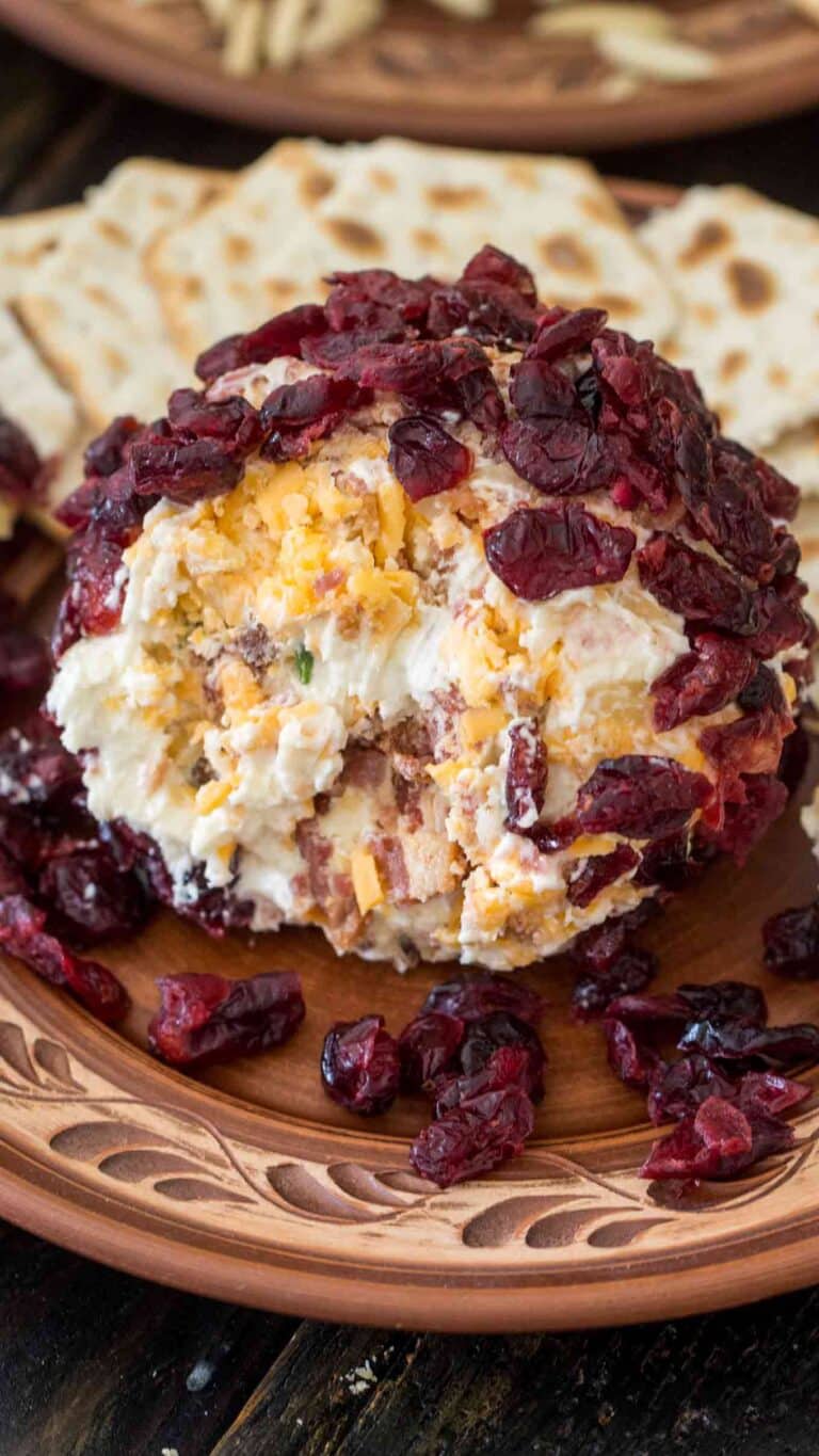 Easy Cheese Ball made with creamy goat cheese, crispy bacon crumbs, fresh green onions, sharp cheddar cheese and covered in sweet dried cranberries.