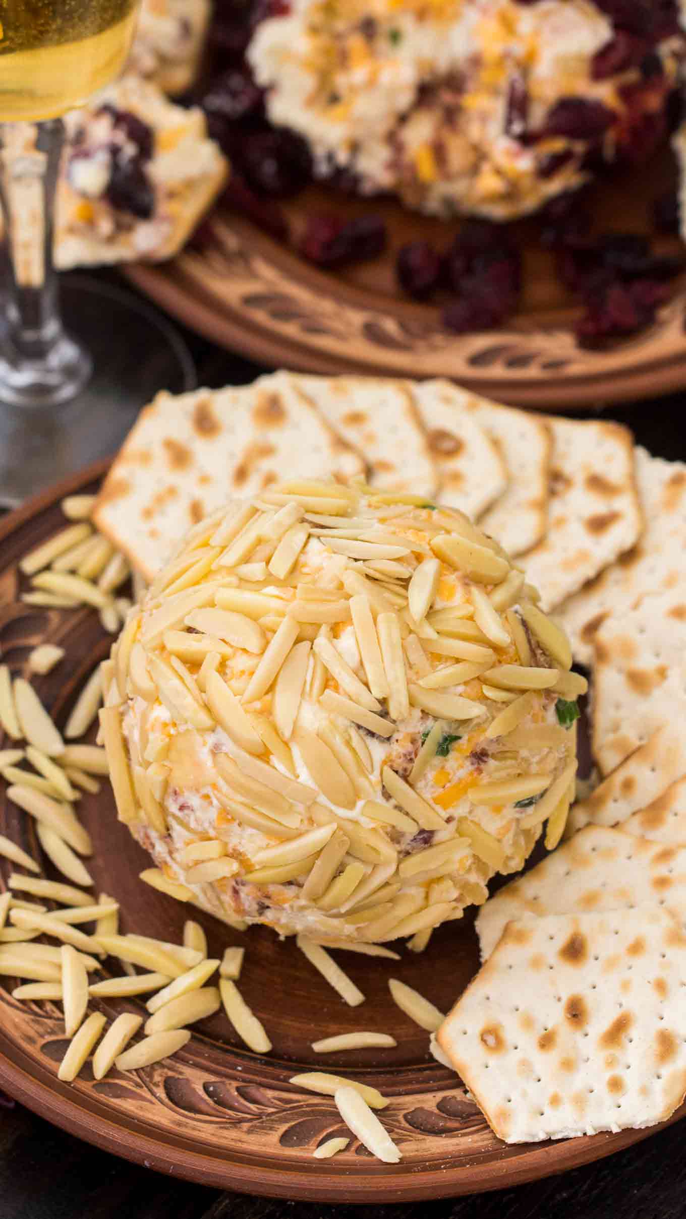 Easy Cheese Ball made with creamy goat cheese, crispy bacon crumbs, fresh green onions, sharp cheddar cheese and covered in sweet dried cranberries.