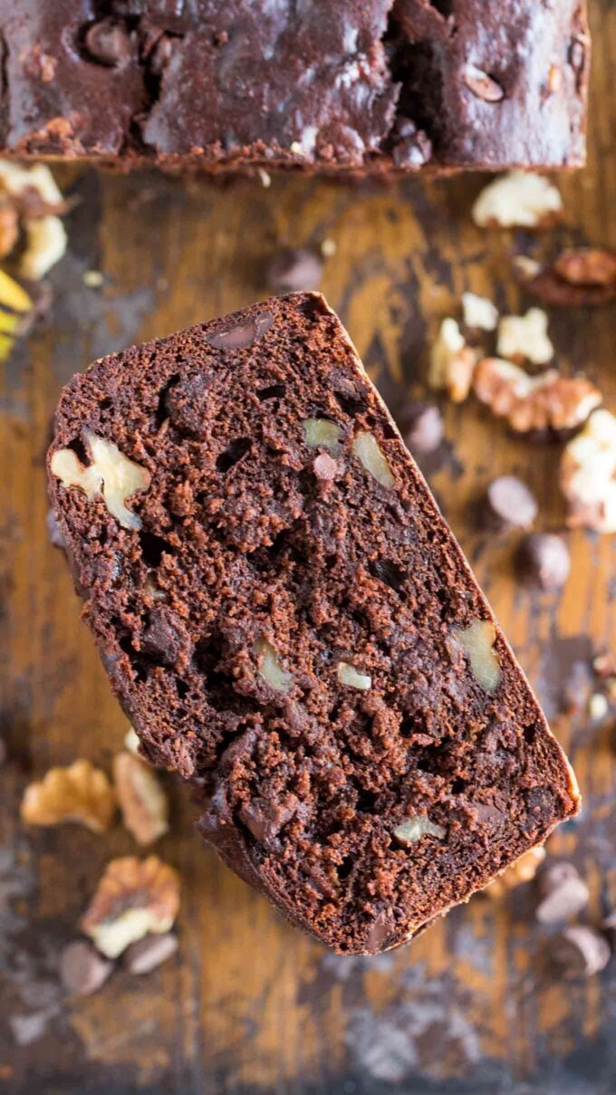 Sliced chocolate banana bread with walnuts and chocolate chips